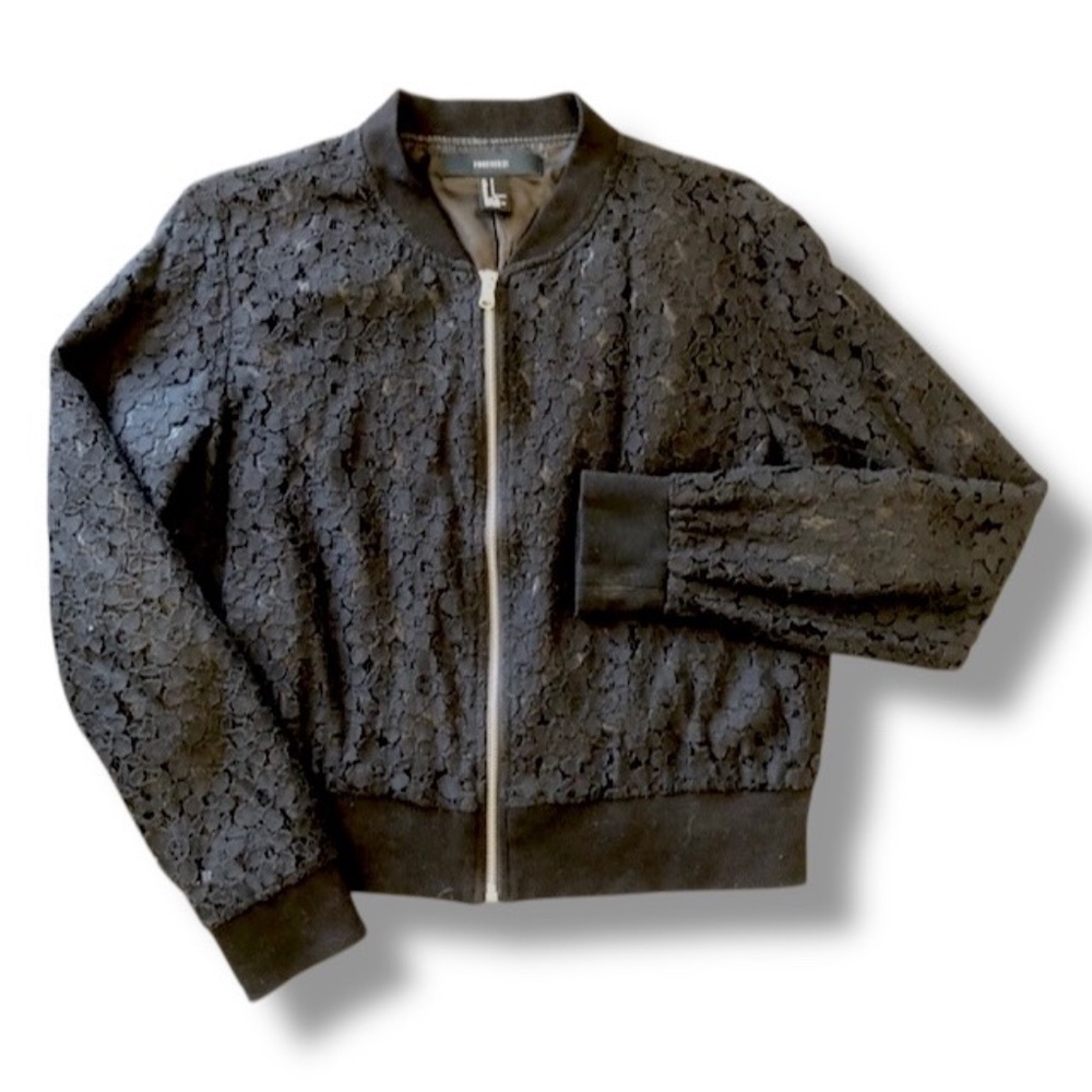 Forever21 Black Sheer Lace Bomber Jacket With Front Full Zip Size S